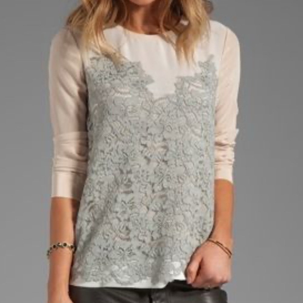 NWT Diane Von Furstenberg Branwen Silk Blouse Lace Overlay Pink Grey Size 6